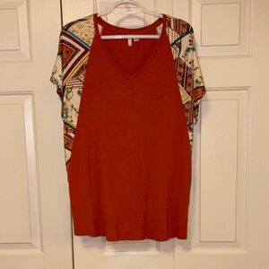 Cato Women's Rust V-Neck Top with Patterned Sleeves